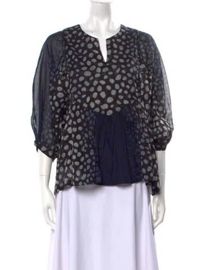 Pre-owned Samantha Sung Printed V-neck Blouse In Black