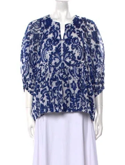 Pre-owned Samantha Sung Printed V-neck Blouse In Blue