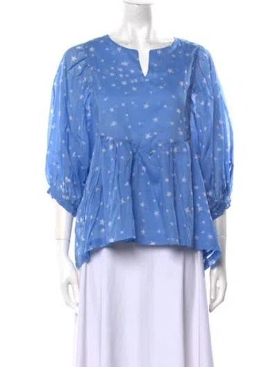 Pre-owned Samantha Sung Printed V-neck Blouse In Blue