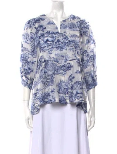 Pre-owned Samantha Sung Printed V-neck Blouse In Blue