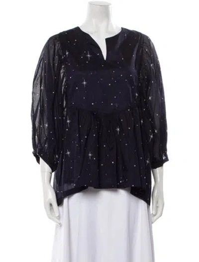 Pre-owned Samantha Sung Printed V-neck Blouse In Blue