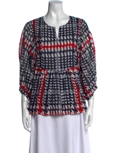 Pre-owned Samantha Sung Printed V-neck Blouse In Blue