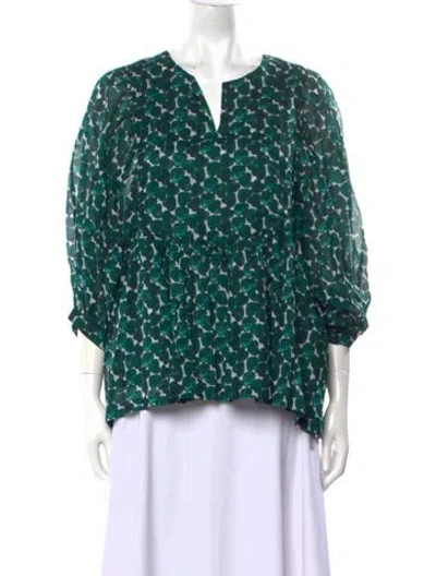 Pre-owned Samantha Sung Printed V-neck Blouse In Green