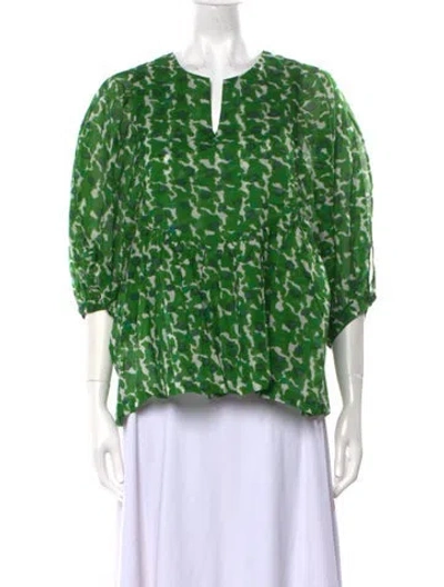 Pre-owned Samantha Sung Printed V-neck Blouse In Green