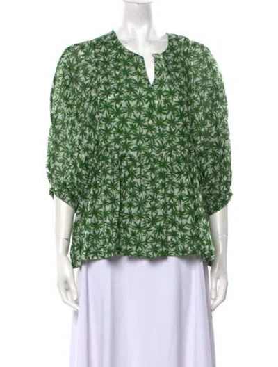Pre-owned Samantha Sung Printed V-neck Blouse In Green