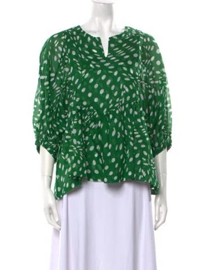 Pre-owned Samantha Sung Printed V-neck Blouse In Green