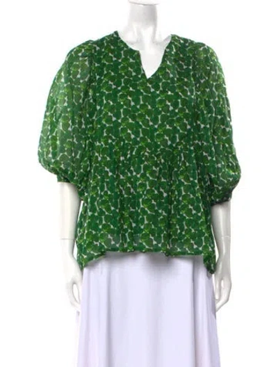 Pre-owned Samantha Sung Printed V-neck Blouse In Green