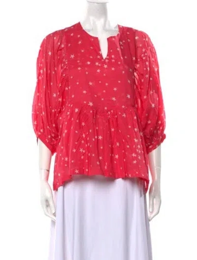 Pre-owned Samantha Sung Printed V-neck Blouse In Pink