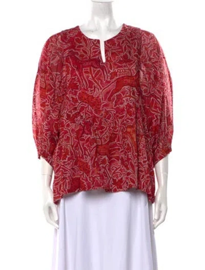 Pre-owned Samantha Sung Printed V-neck Blouse In Red