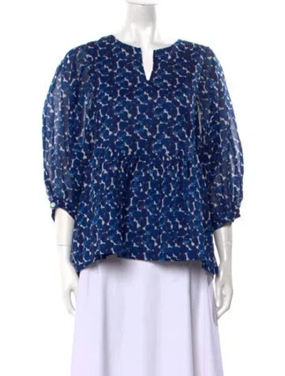 Pre-owned Samantha Sung Printed V-neck Blouse W/ Tags In Blue