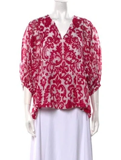 Pre-owned Samantha Sung Printed V-neck Blouse In White