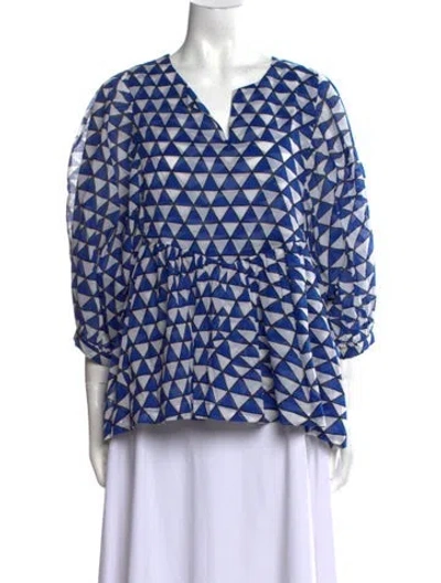 Pre-owned Samantha Sung Printed V-neck Blouse In White