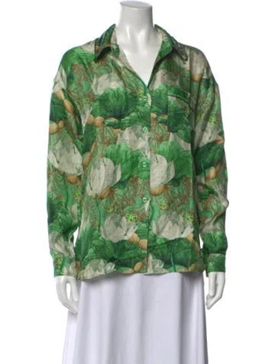 Pre-owned Samantha Sung Silk Floral Print Blouse W/ Tags In Green