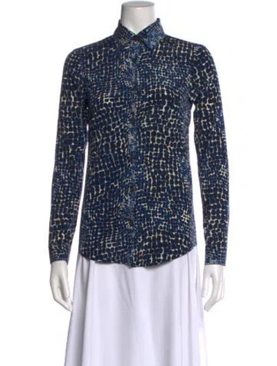 Pre-owned Samantha Sung Silk Patterned Button-up Top In Blue