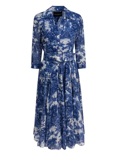 Samantha Sung Toile-print Belted Midi Dress In Blue