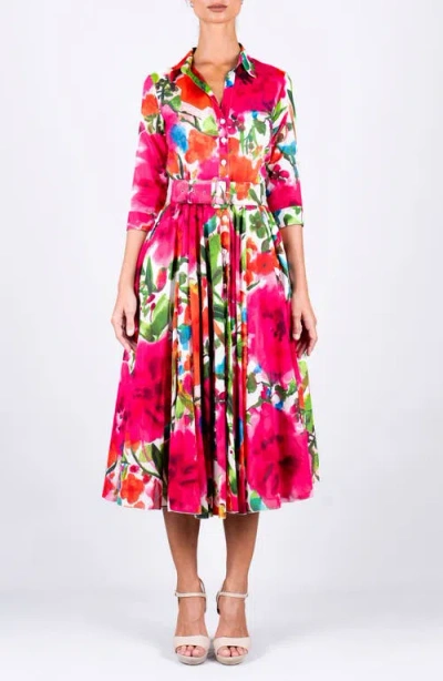Samantha Sung Watercolor Bloom A-line Midi Shirtdress In Pink