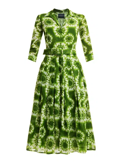 Samantha Sung Women's Cotton Musola Shirt Collar ¾ Sleeve Midi Dress In Green