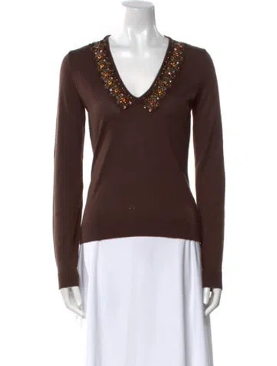 Pre-owned Samantha Sung Wool V-neck Sweater W/ Tags In Brown