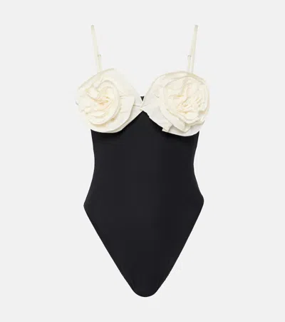 Same Floral-appliqué High-rise Swimsuit In Black