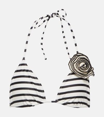 Same Rose Floral-appliqué Triangle Bikini Top In Cream Black Stripe