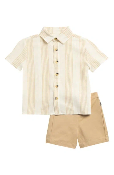Sammy + Nat Babies' Stripe Button-up Shirt & Shorts Set In Tan