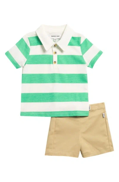 Sammy + Nat Babies' Stripe Polo & Chino Shorts Set In Green