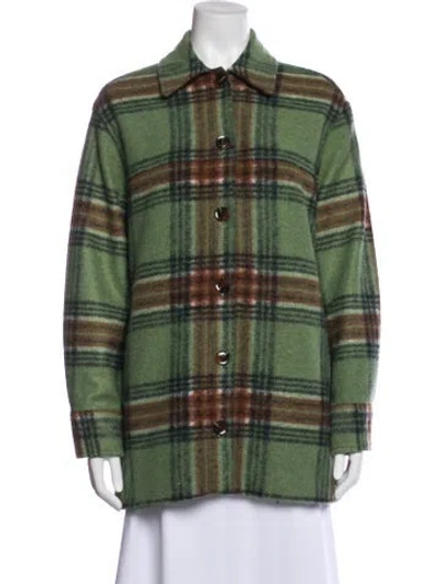 Pre-owned Samsøe Plaid Print Coat In Green