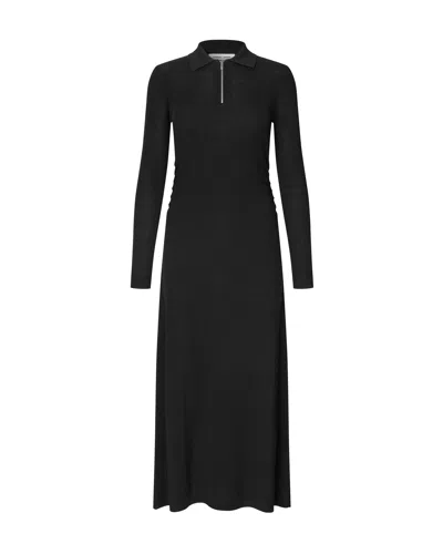 Samsoe & Samsoe Sanelly Ribbed-knit Polo-collar Midi Dress In Black