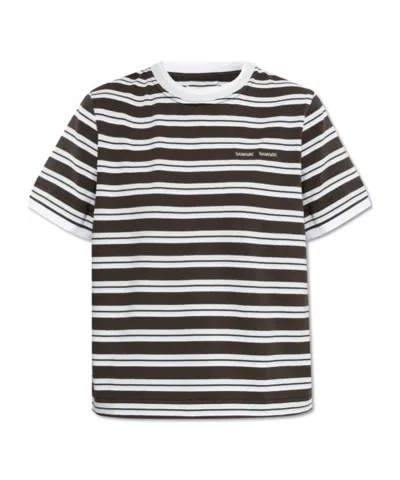 Samsoe & Samsoe Embroidered-logo Striped-pattern T-shirt In Black