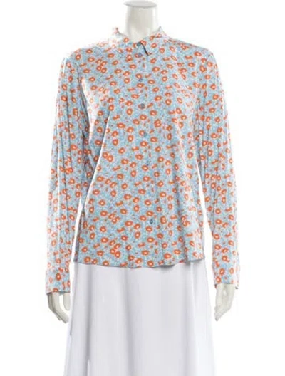 Pre-owned Samsoe & Samsoe Floral Print Mock Neck Button-up Top In Blue