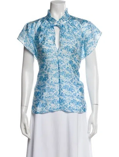 Pre-owned Samsoe & Samsoe Floral Print Tie Neck Blouse In Blue