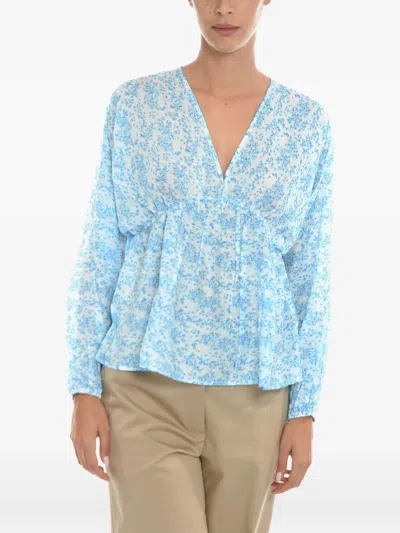 Samsoe & Samsoe Floral-pattern Puff-sleeve Blouse In Blue
