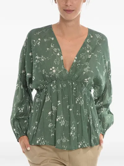 Samsoe & Samsoe Floral-print Puff-sleeve Blouse In Green