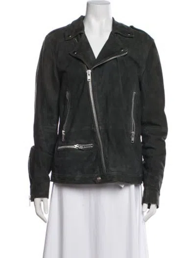 Pre-owned Samsoe & Samsoe Goat Leather Biker Jacket In Green
