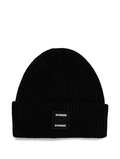 Samsoe & Samsoe Logo-patch Ribbed-knit Beanie Hat In Black