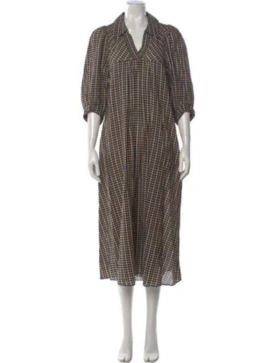 Pre-owned Samsoe & Samsoe Plaid Print Long Dress In Brown