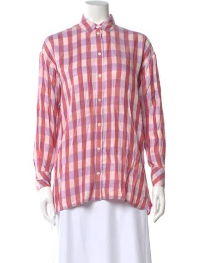 Pre-owned Samsoe & Samsoe Plaid Print Long Sleeve Button-up Top In Pink