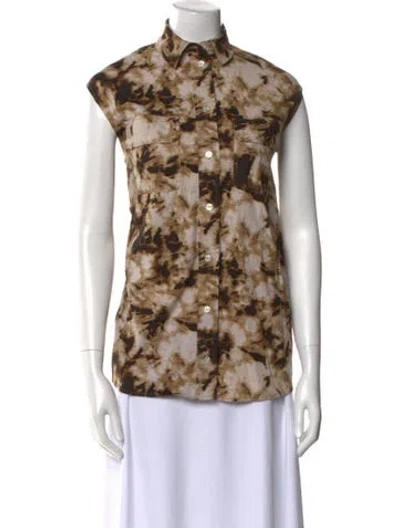 Pre-owned Samsoe & Samsoe Printed Mock Neck Button-up Top In Brown