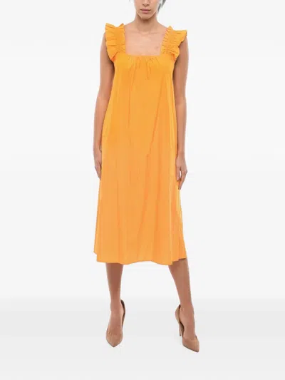 Samsoe & Samsoe Ruffled Square-neck Midi Dress In Gold