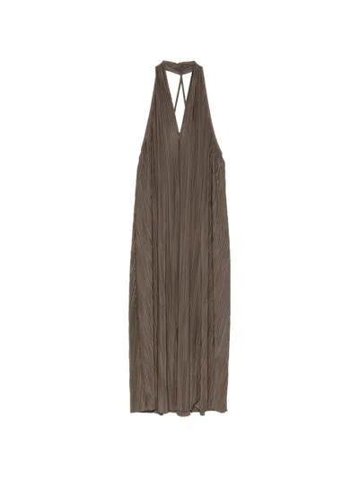 Samsoe & Samsoe Sacille Pleated Halterneck Maxi Dress In Brown