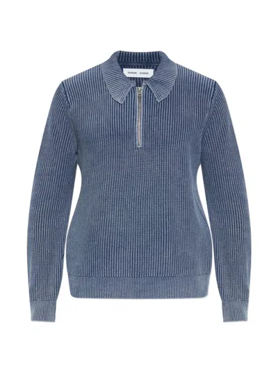 Samsoe & Samsoe Saearl Ribbed Zip-fastening Polo Shirt In Blue