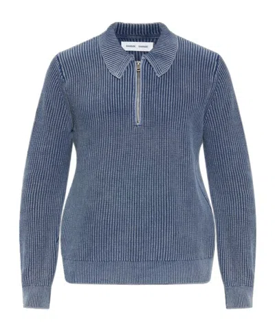 Samsoe & Samsoe Saearl Ribbed Zip-fastening Polo Shirt In Blue