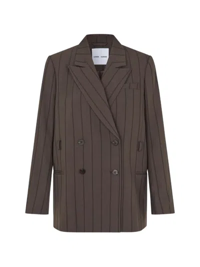 Samsoe & Samsoe Sahelly Pinstripe Double-breasted Blazer In Brown