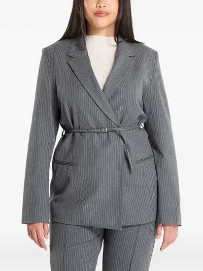 Samsoe & Samsoe Salot Pinstripe Belted Blazer In Gray