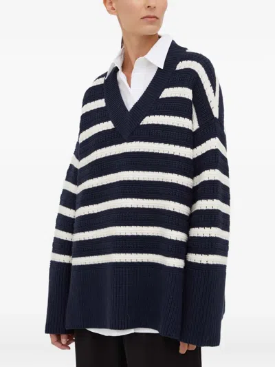 Samsoe & Samsoe Striped V-neck Sweater In Blue