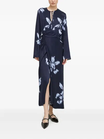 Samsoe & Samsoe Tie-neck Floral-pattern Midi Dress In Blue