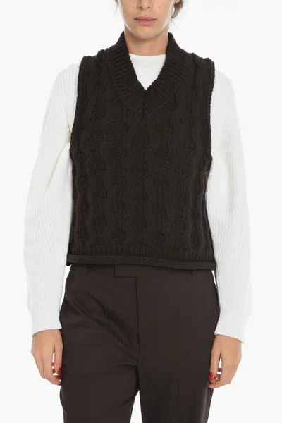 Samsoe & Samsoe Cable Knit Sleeveless Huske V-neck Sweater Sleeveless In Brown