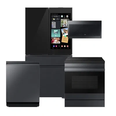 Samsung Bespoke Matte Black Steel Kitchen Package With 4dr Bespoke Ai Family Hub + Full Depth Charcoal Glass In Black;charcoal Glass
