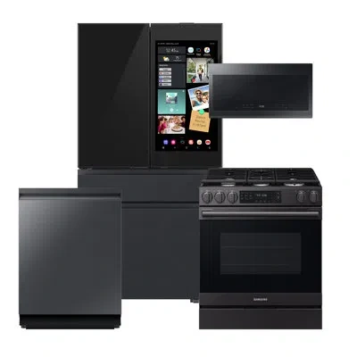Samsung Bespoke Matte Black Steel Kitchen Package With 4dr Bespoke Ai Family Hub + Full Depth Charcoal Glass In Black;charcoal Glass