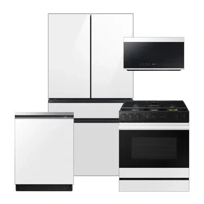Samsung Bespoke White Glass Counter Depth Kitchen Package With 23 Cu. Ft. 4-door French Door Refrigerator Wi In Stainless Steel